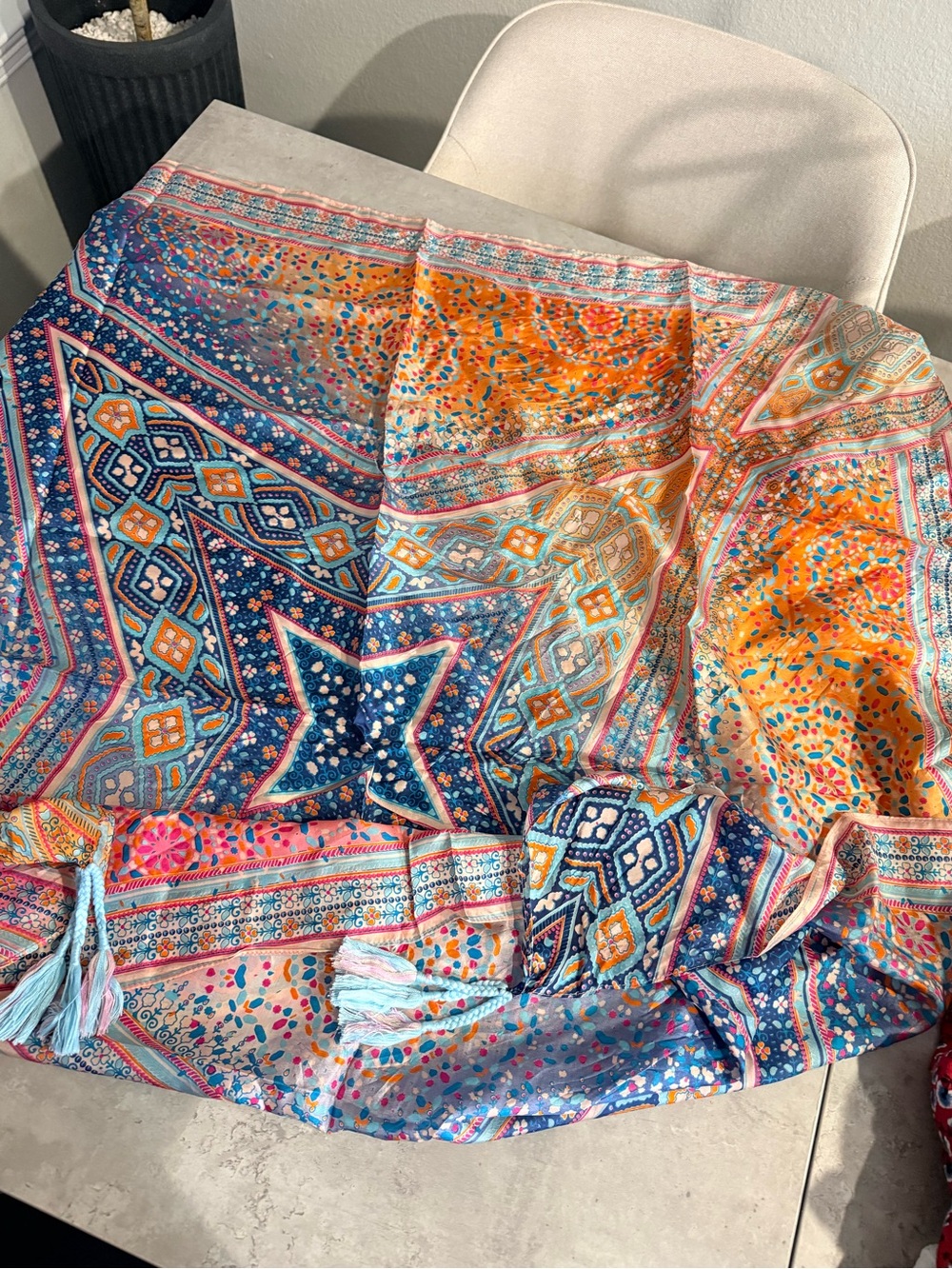 Johnny Was Multicolor Bohemian Printed Scarf - Blue, Orange & Pink